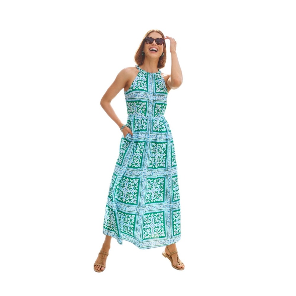 Talbots Women Halter Maxi Dress Medallion Tiles Coastal Resort Cruise Beach Sz 2